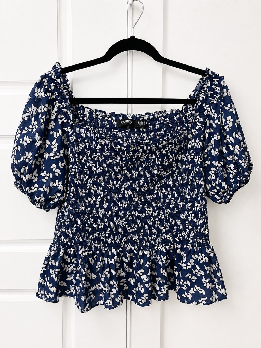 Lauren Ralph Lauren XL Navy & Cream Floral Smocked Puff Sleeve Peplum Top